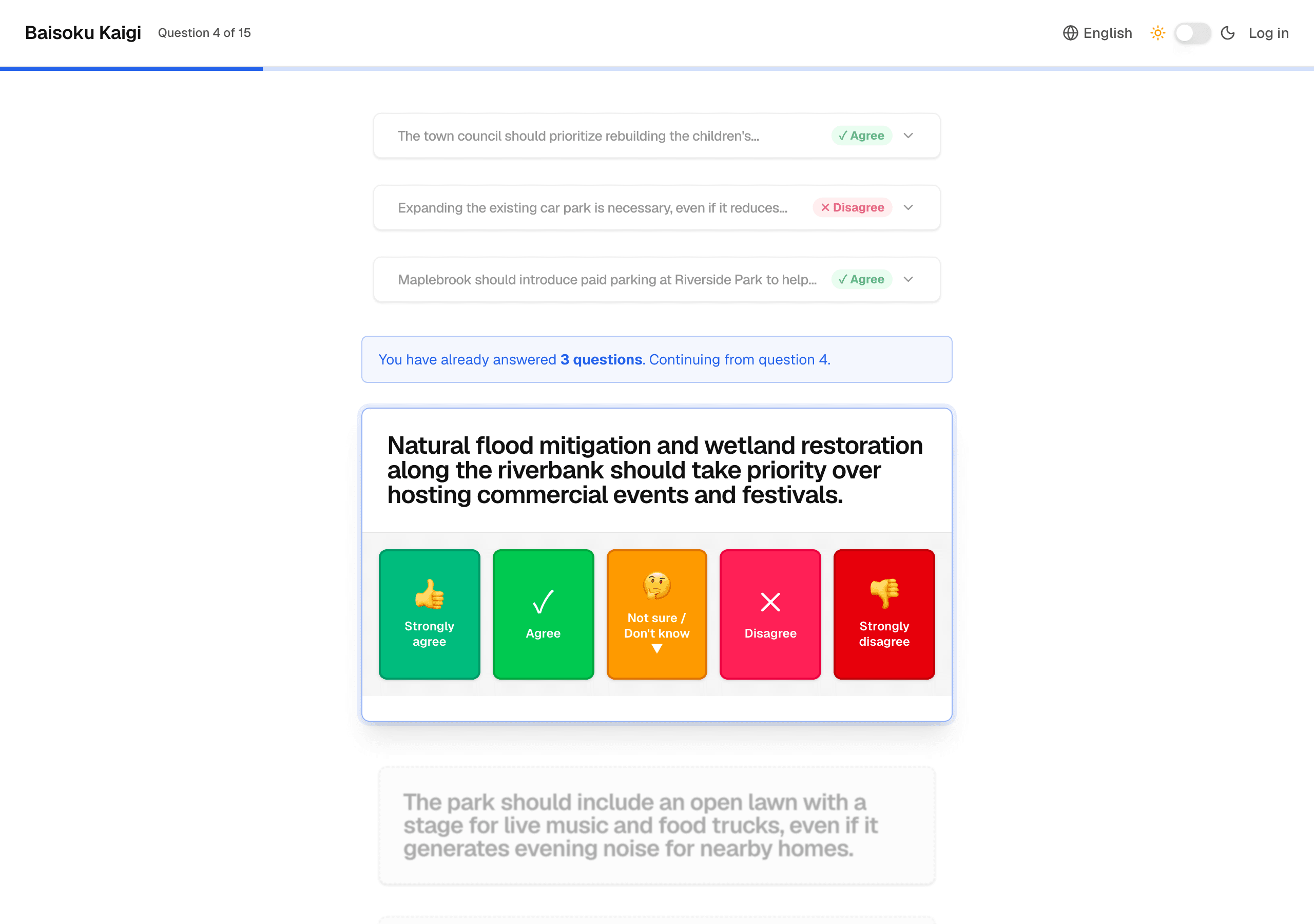 Participant screen: a statement about a park redesign with five answer buttons from strongly agree to strongly disagree